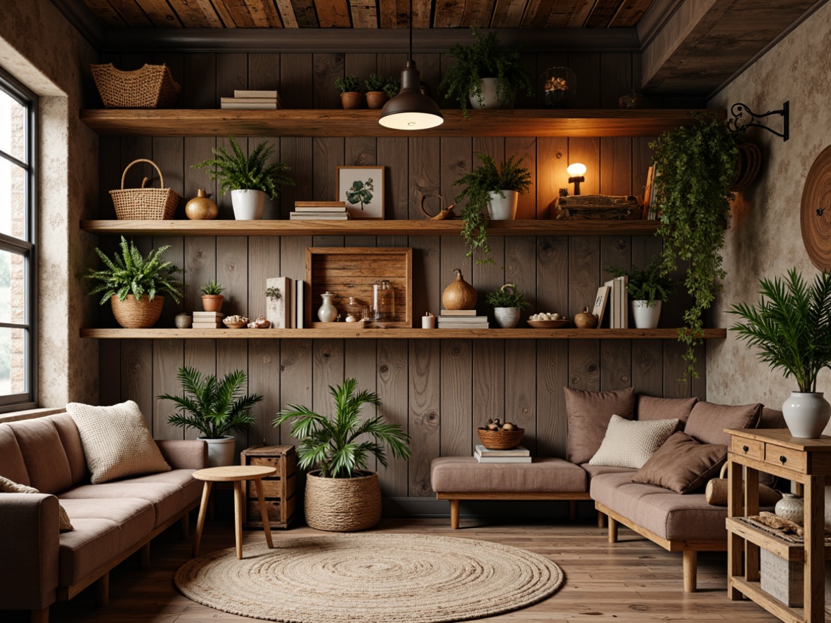 Prompt: Rustic wooden shelves, distressed finishes, vintage decor, earthy tones, natural textures, woven baskets, potted plants, handmade crafts, wooden crates, industrial lighting, reclaimed wood accents, cozy nooks, comfortable seating, warm color palette, soft ambient lighting, 3/4 composition, intimate atmosphere, realistic wood grain, subtle shadows.