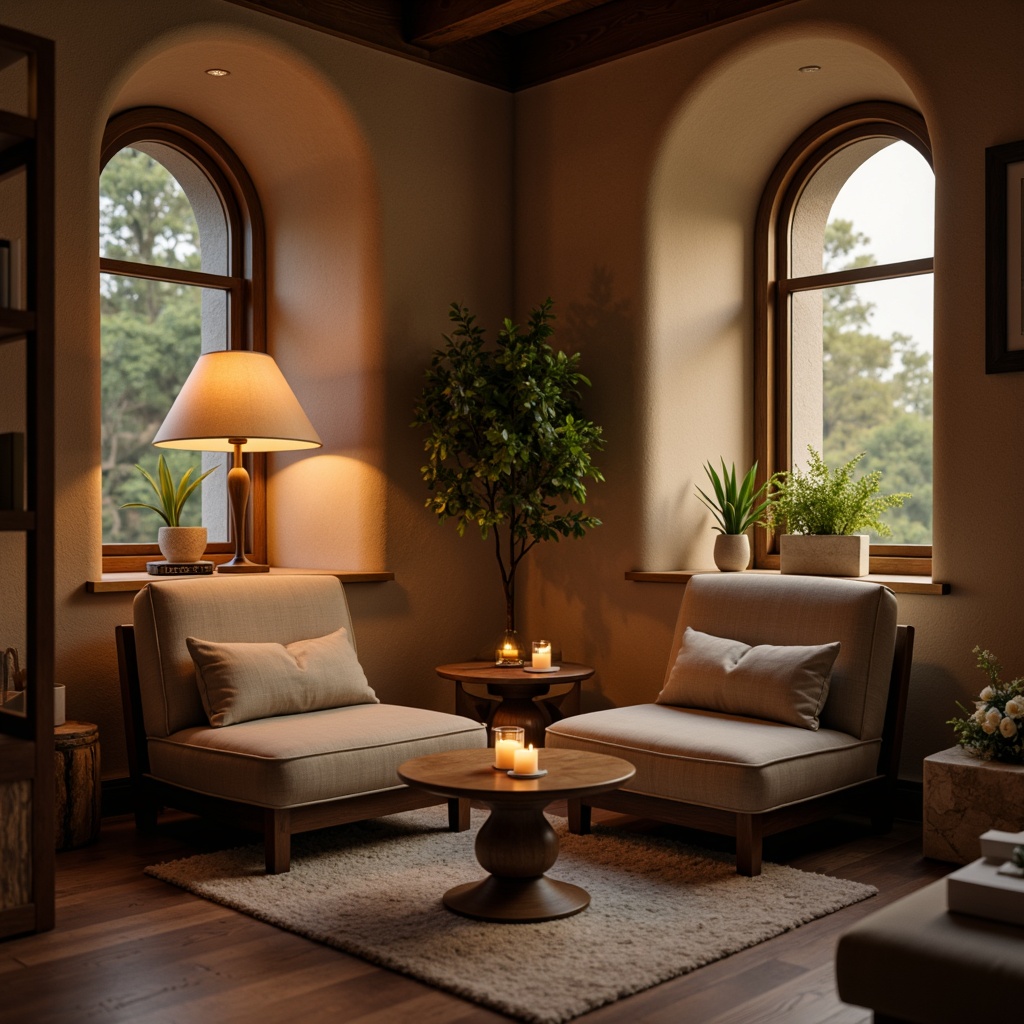 Prompt: Warm candlelight, soft diffused lighting, cozy reading nook, plush armchairs, calming color palette, gentle shadows, natural stone walls, wooden accents, dimmable floor lamps, table lamps with linen shades, warm beige tones, soothing greenery, peaceful atmosphere, morning sunlight, subtle ambient glow, shallow depth of field, 1/1 composition, realistic textures, atmospheric lighting.