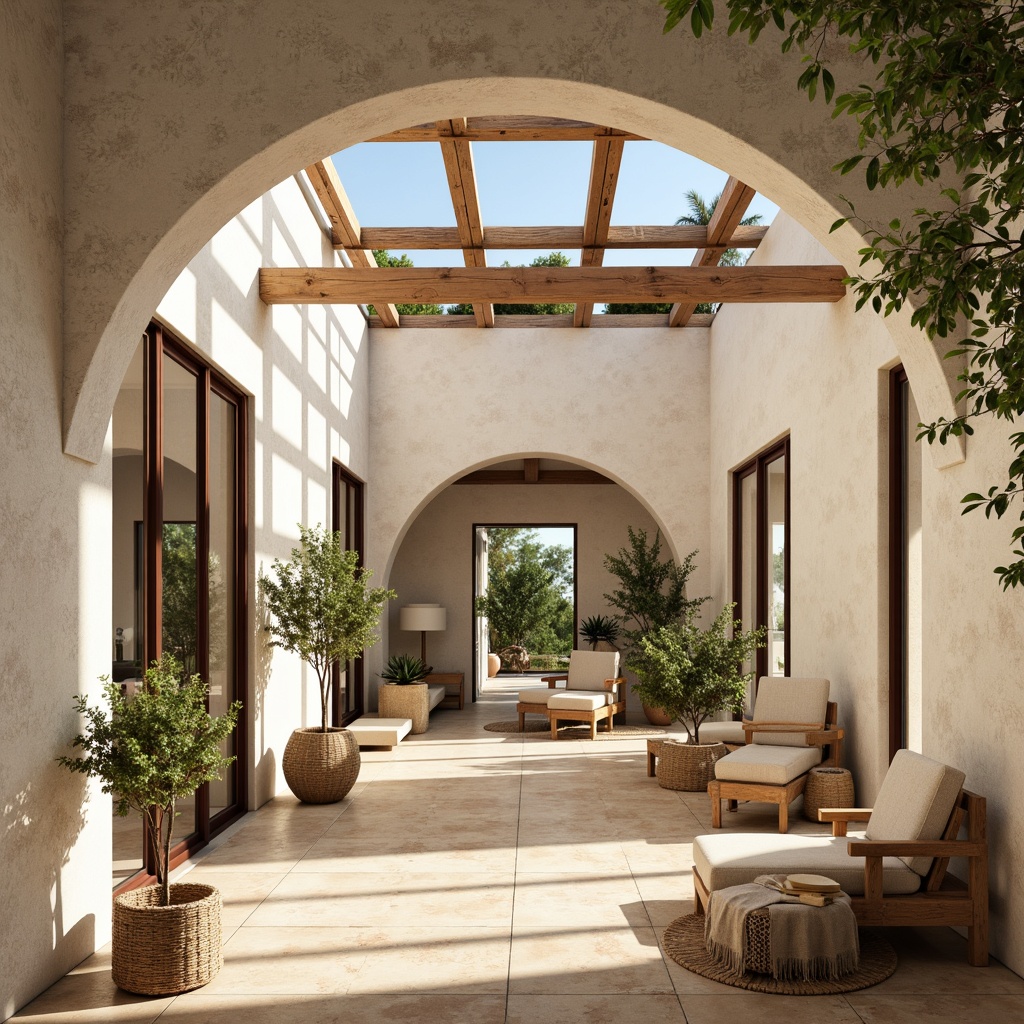 Prompt: Vibrant Mediterranean interior, large windows, sliding glass doors, clerestory windows, high ceilings, white stucco walls, rustic wooden beams, natural stone floors, woven textiles, potted olive trees, warm beige color palette, soft diffused lighting, sunny day, shallow depth of field, 1/1 composition, realistic textures, ambient occlusion.