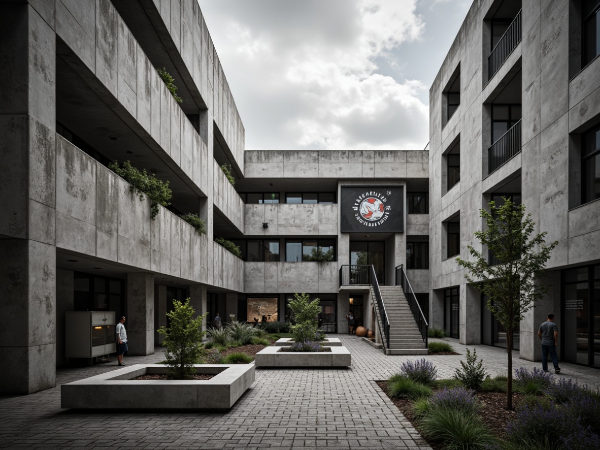 Prompt: Gritty high school courtyard, raw concrete walls, brutalist architecture, industrial-style lighting, exposed ductwork, minimalist benches, geometric-shaped planters, urban landscape, overcast sky, dramatic shadows, high-contrast photography, bold typography, educational murals, graffiti-inspired artwork, rugged stone pathways, modern sculptures, abstract furniture design, functional staircases, monochromatic color scheme, low-angle composition, cinematic lighting, realistic textures, ambient occlusion.