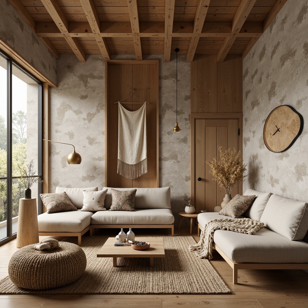 Prompt: Minimalist Nordic cabin, wooden accents, natural textures, woven wool blankets, distressed wood panels, earthy tones, beige stonewalls, reclaimed wood furniture, linen upholstery, jute rugs, organic shapes, soft warm lighting, atmospheric mist, 1/2 composition, intimate close-ups, realistic renderings, subtle ambient occlusion.