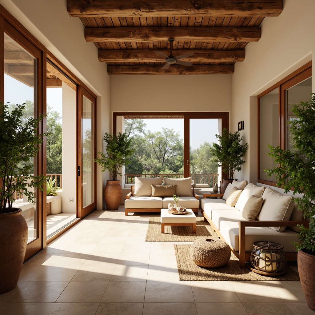 Prompt: Warm Mediterranean interior, large windows, sliding glass doors, high ceilings, bright natural lighting, soft warm glow, gentle shadows, light-colored walls, cream-colored marble floors, rustic wooden beams, woven textiles, lush greenery, potted plants, subtle color palette, cozy ambiance, inviting atmosphere, comfortable seating areas, relaxed mood, warm beige tones, earthy terracotta pots, ornate metal lanterns, ambient illumination, 1/1 composition, soft focus, realistic textures.