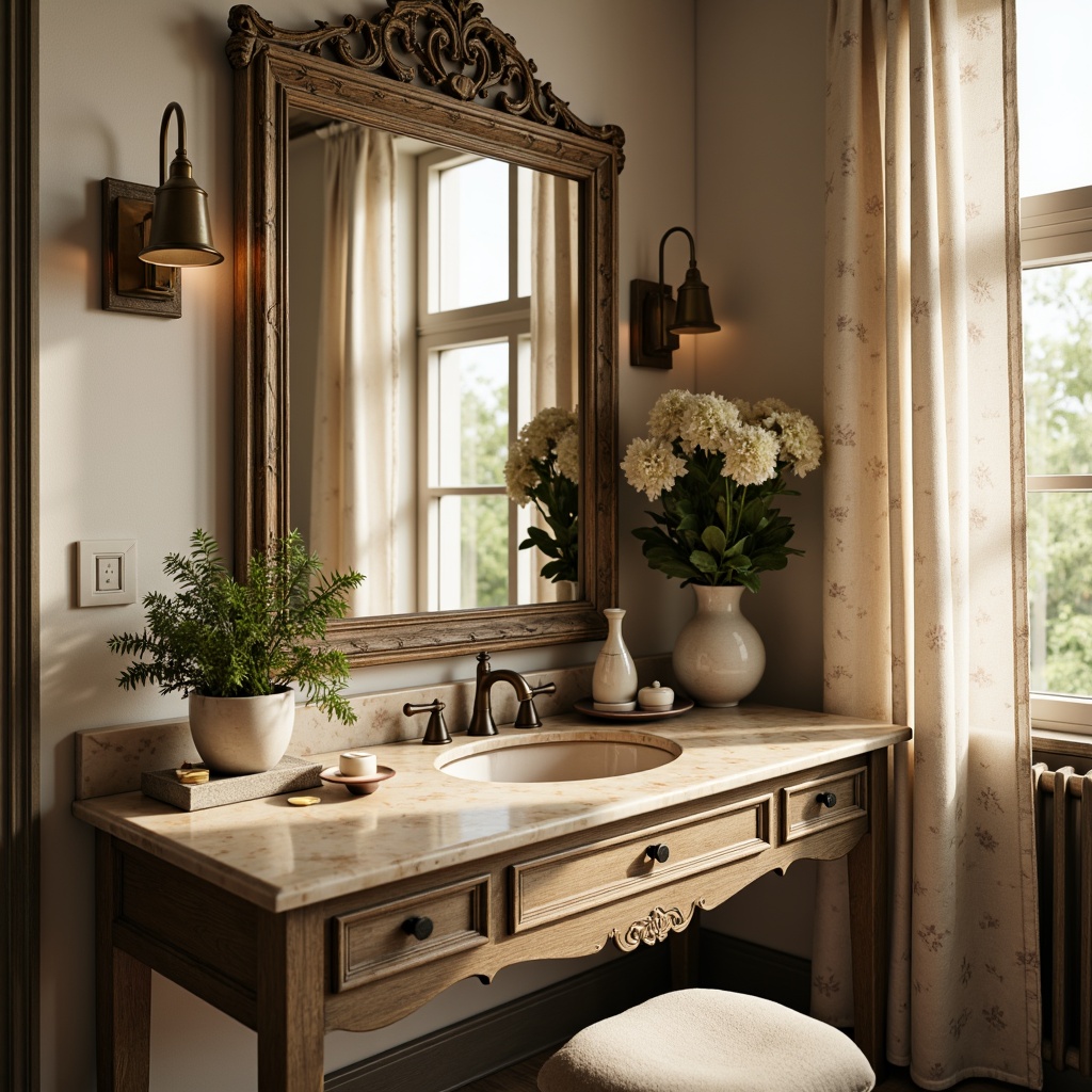 Prompt: Rustic wooden vanity, ornate mirror frame, distressed finishes, soft pastel hues, elegant marble countertops, delicate ceramic fixtures, antique bronze hardware, plush velvet stool, natural linen drapes, vintage floral patterns, subtle toile de Jouy accents, warm golden lighting, shallow depth of field, 1/2 composition, intimate atmosphere, realistic textures, ambient occlusion.