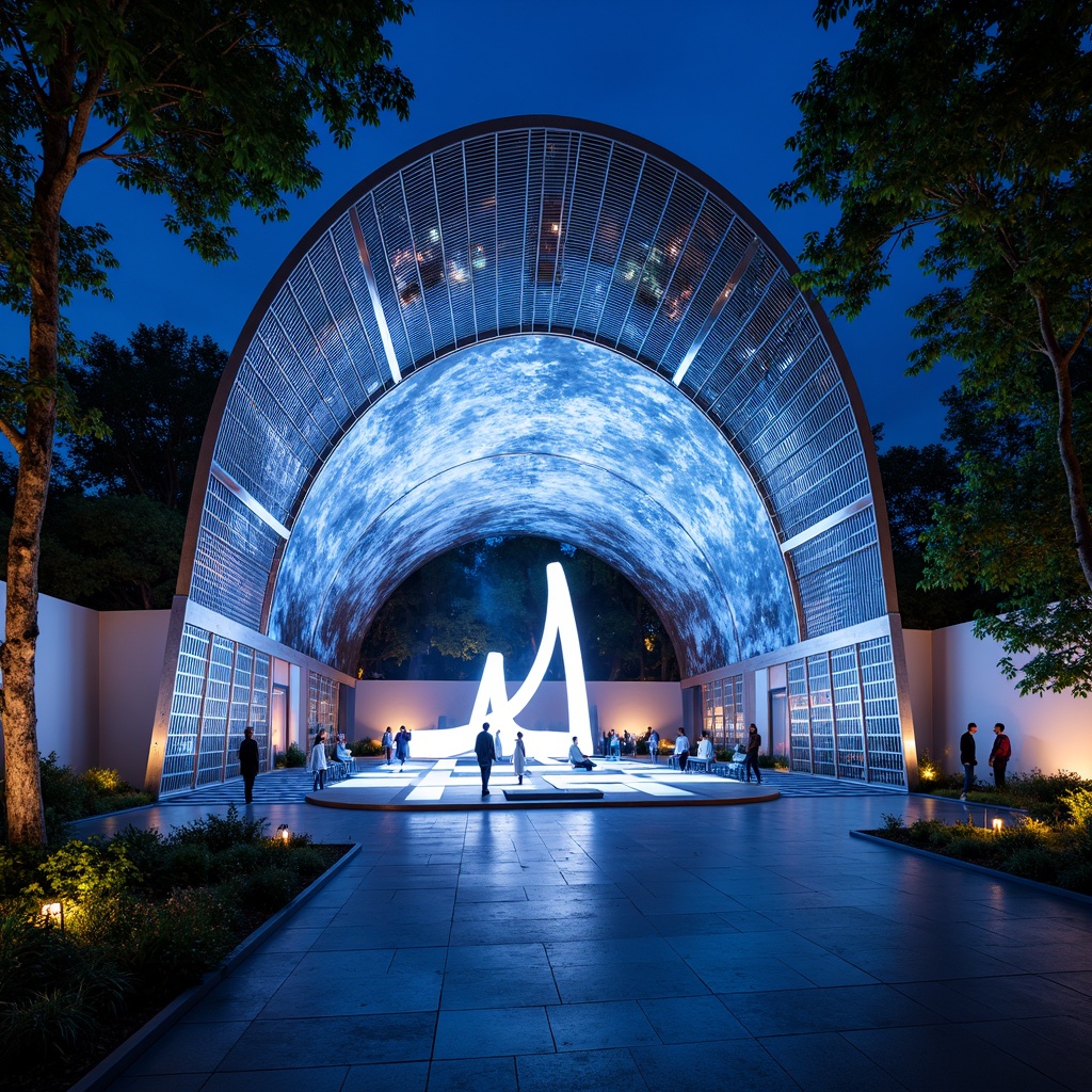 Prompt: Illuminated pavilion, futuristic curves, metallic latticework, holographic projections, iridescent fabrics, neon-lit accents, sleek glass surfaces, minimalist furnishings, avant-garde sculptures, LED light installations, misty atmospheric effects, shallow depth of field, 3/4 composition, panoramic view, realistic reflections, ambient occlusion.