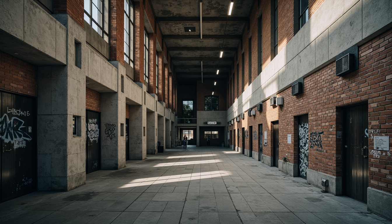 Prompt: Rough-hewn concrete walls, rugged brick facades, brutalist architecture style, high school building, imposing monumental scale, fortress-like structure, dramatic shadow play, cold harsh lighting, industrial metal doors, distressed wood accents, exposed ductwork, raw unfinished surfaces, urban grittiness, graffiti-covered walls, rebellious youthful spirit, moody atmospheric tones, cinematic wide-angle shots, low-key lighting, 2.35