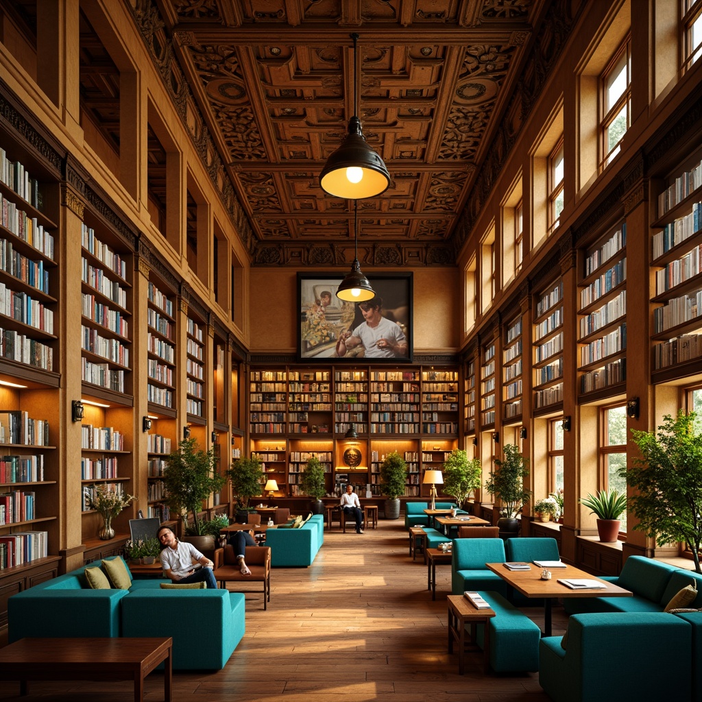 Prompt: Richly lit library interior, warm beige walls, dark wood shelving, comfortable reading nooks, plush armchairs, vibrant turquoise accents, soft golden lighting, intricate architectural details, ornate ceiling moldings, classic literature displays, wooden tables, leather-bound books, studious atmosphere, 1/1 composition, shallow depth of field, realistic textures, ambient occlusion.