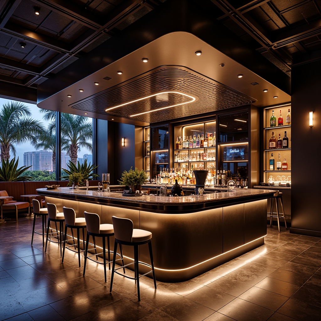 Prompt: Luxurious nightclub, sleek bar counter design, metallic accents, LED lighting, polished marble tops, high-gloss finishes, minimalist stools, futuristic ambiance, dimmed warm lighting, shallow depth of field, 1/1 composition, realistic textures, ambient occlusion.