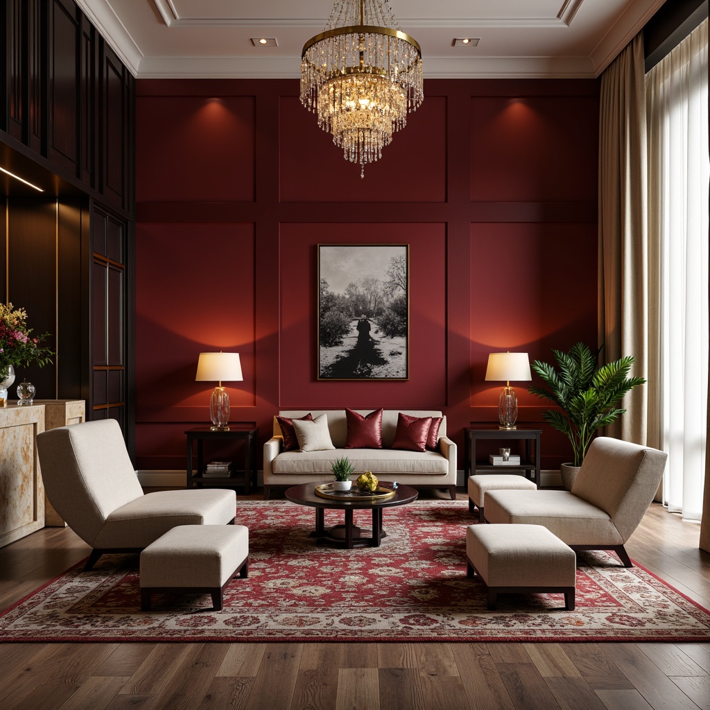 Prompt: Rich burgundy accent walls, luxurious velvet upholstery, dark wood furniture, golden metal hardware, warm beige marble countertops, soft cream-colored curtains, dramatic floor-to-ceiling drapery, ornate crystal chandeliers, plush area rugs, sophisticated modern interiors, sleek low-profile sofas, tufted ottomans, richly patterned throw pillows, ambient warm lighting, shallow depth of field, 1/2 composition, realistic textures, subtle atmospheric effects.