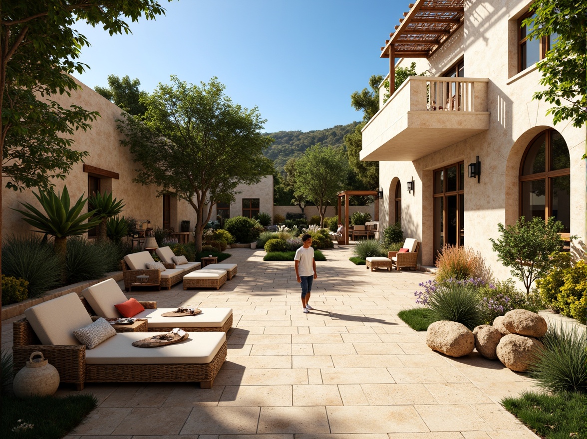 Prompt: Sunny Mediterranean courtyard, lush greenery, blooming flowers, rustic stone walls, wooden pergolas, outdoor seating areas, lantern-style lighting, natural fabrics, woven rattan furniture, earthy color palette, warm soft breezes, bright blue skies, sailboat-inspired decorations, nautical ropes, distressed wood accents, fragrant herb gardens, lemon trees, olive groves, panoramic views, shallow depth of field, 1/1 composition, warm golden lighting, realistic textures.