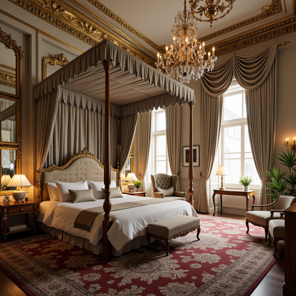 Prompt: Opulent boudoir, lavish fabrics, gold leaf accents, ornate mirrors, delicate carvings, curved lines, soft pastel hues, velvet upholstery, tufted headboards, intricately patterned rugs, crystal chandeliers, majestic four-poster beds, luxurious drapery, romantic ambiance, warm candlelight, 1/1 composition, shallow depth of field, realistic textures, ambient occlusion.