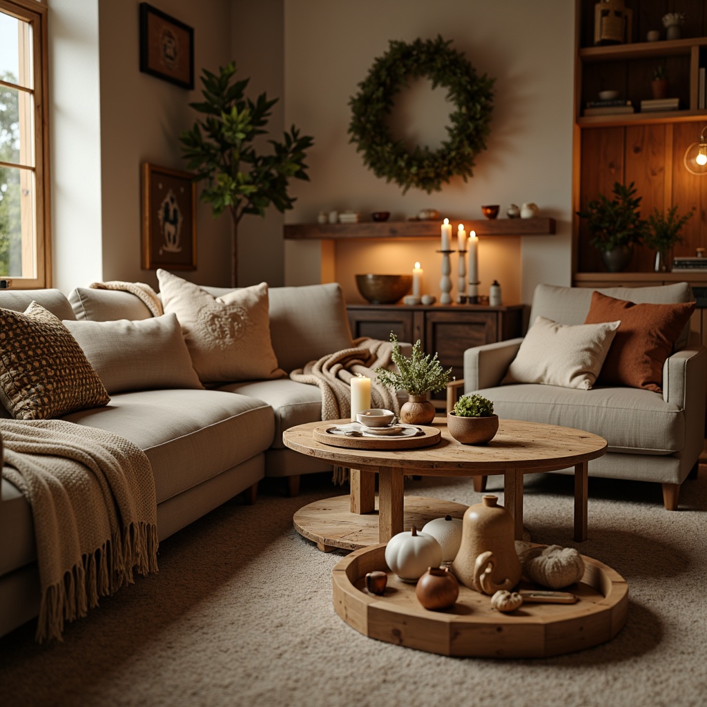 Prompt: Cozy living room, plush throw pillows, soft velvet sofas, warm beige carpets, chunky woven blankets, natural linen fabrics, rustic wooden accents, vintage decorative patterns, candlelit ambiance, warm golden lighting, shallow depth of field, 1/2 composition, inviting atmosphere, realistic textures, ambient occlusion.