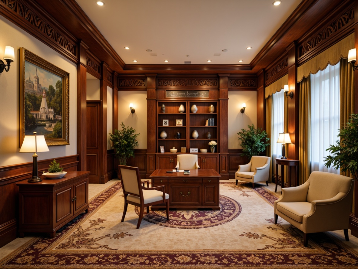 Prompt: Elegant executive office, rich wood tones, ornate furniture, plush carpeting, classic columns, intricate moldings, vintage lighting fixtures, warm beige walls, comfortable leather chairs, polished wooden desks, ornamental plants, luxurious textiles, sophisticated color palette, softbox lighting, shallow depth of field, 2/3 composition, symmetrical view, realistic wood grains, ambient occlusion.