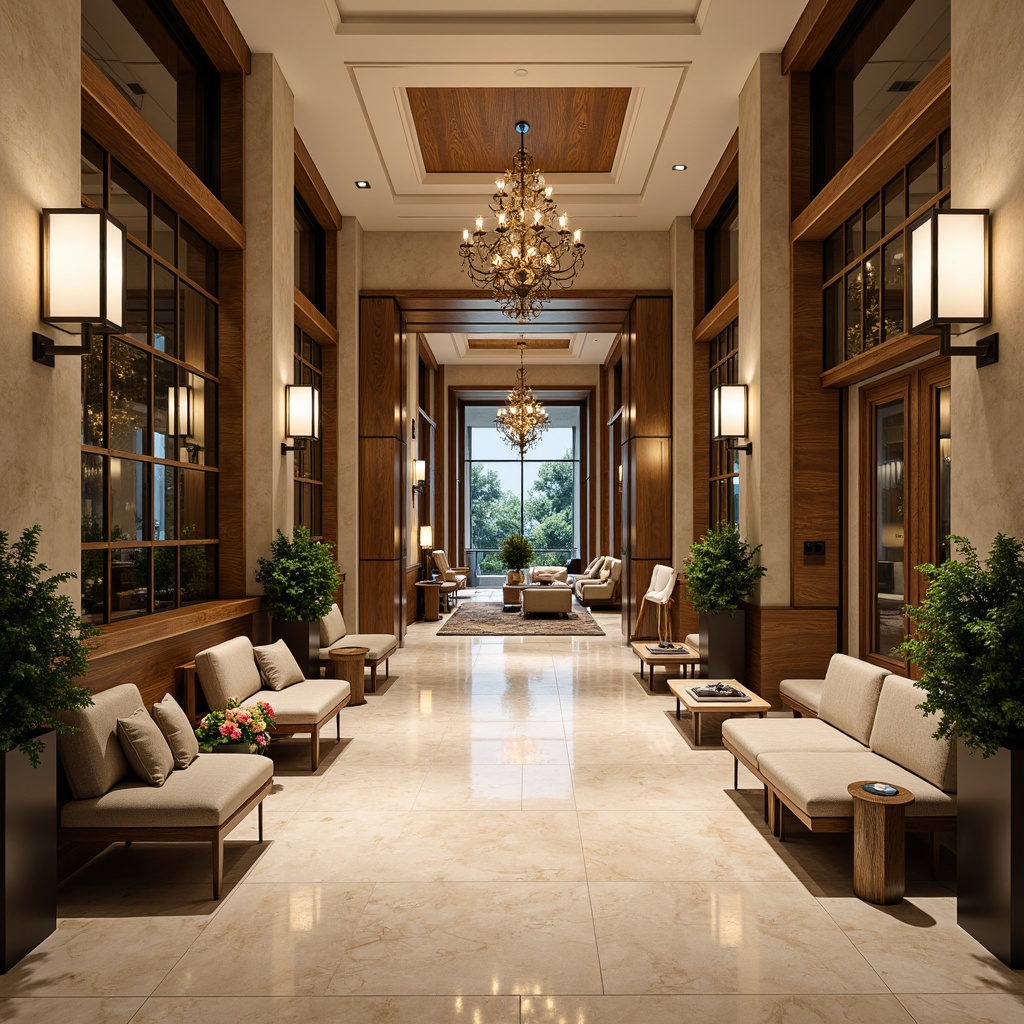 Prompt: Grand entrance, luxurious marble floors, ornate metal doors, elegant wooden accents, sophisticated glass fixtures, warm ambient lighting, lavish greenery, vibrant flower arrangements, modern minimalist benches, sleek metallic handrails, premium leather upholstery, refined stone columns, dramatic high ceilings, majestic chandeliers, warm beige tones, rich walnut wood, polished chrome hardware, inviting soft carpeting, 1/2 composition, shallow depth of field, realistic textures.