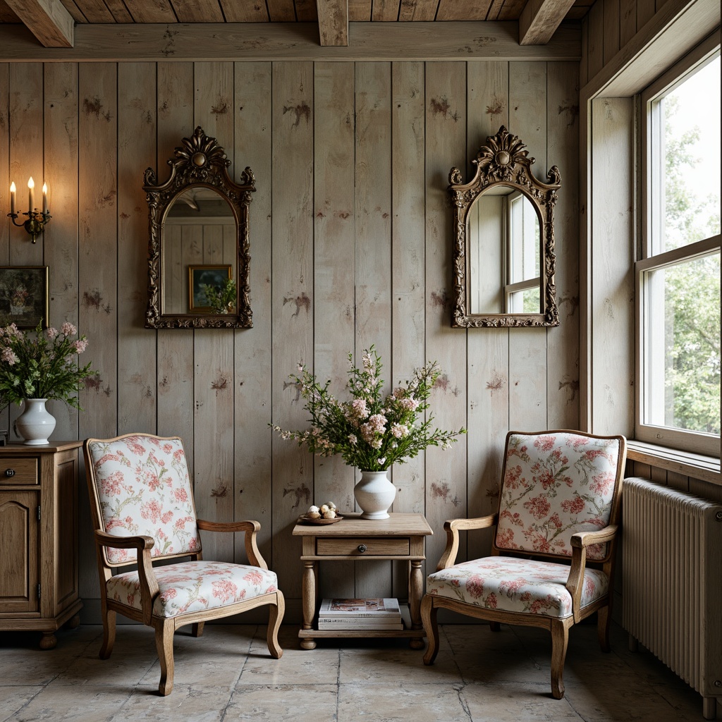 Prompt: Rustic wooden paneling, distressed finishes, soft pastel hues, floral patterns, elegant ornate mirrors, antique furniture pieces, vintage accessories, delicate lace trimmings, porcelain vases, fresh flower arrangements, natural stone flooring, warm candlelight, shallow depth of field, 1/1 composition, intimate close-up shots, realistic textures, ambient occlusion.