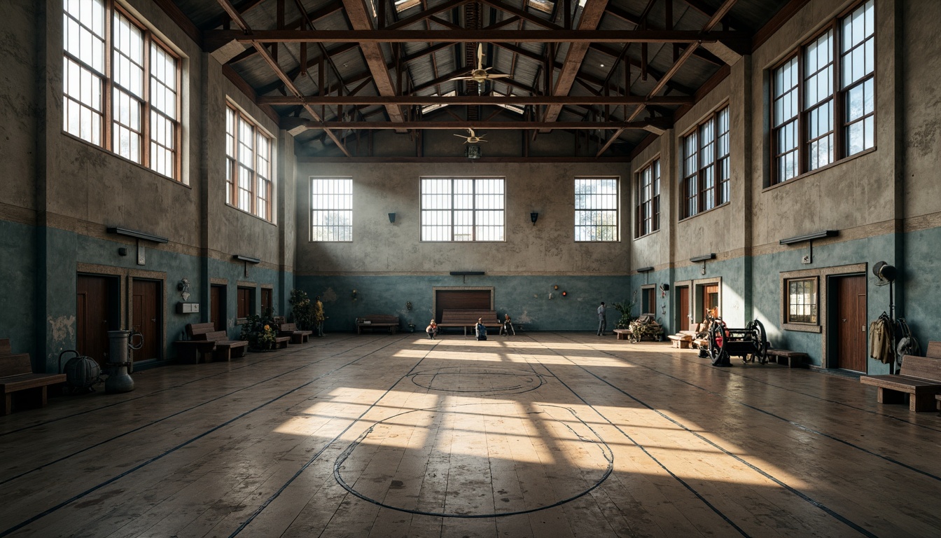 Prompt: Rustic gymnasium interior, exposed concrete walls, brutalist architecture, industrial-style lighting, steel beams, wooden flooring, vintage sports equipment, worn-out bleachers, distressed textures, urban atmosphere, dramatic shadows, high ceilings, vast open space, natural light pouring in, 1/1 composition, symmetrical framing, moody color palette, bold graphic lines.