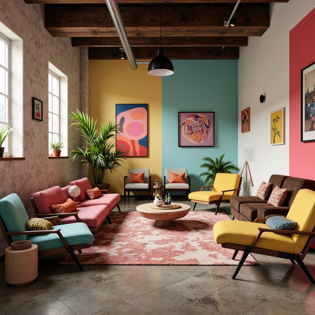 Prompt: Vibrant modern design studio, eclectic furniture pieces, bold color blocking, pastel hues, neon accents, sleek metal legs, minimalist decor, natural textiles, earthy tones, bohemian patterns, abstract artwork, industrial chic lighting, warm cozy atmosphere, shallow depth of field, 1/1 composition, cinematic view, realistic renderings, ambient occlusion.