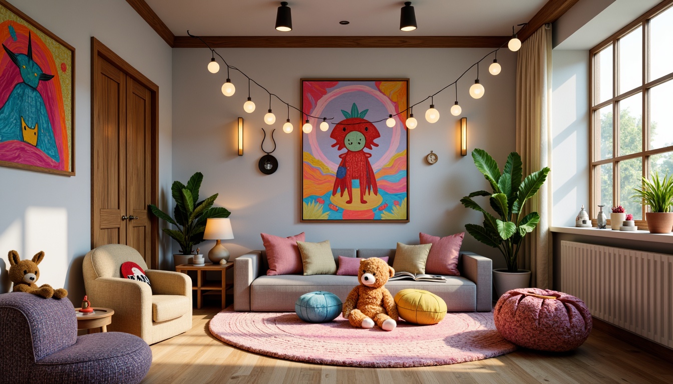 Prompt: Whimsical kids' room, expressionist artwork, vibrant colors, fantasy creatures, abstract shapes, soft warm glow, string lights, lanterns, colorful rugs, playful furniture, curved lines, irregular forms, cozy reading nook, plush toys, pastel hues, dreamy atmosphere, shallow depth of field, 1/1 composition, soft focus, gentle shadows, textured fabrics, imaginative decor.