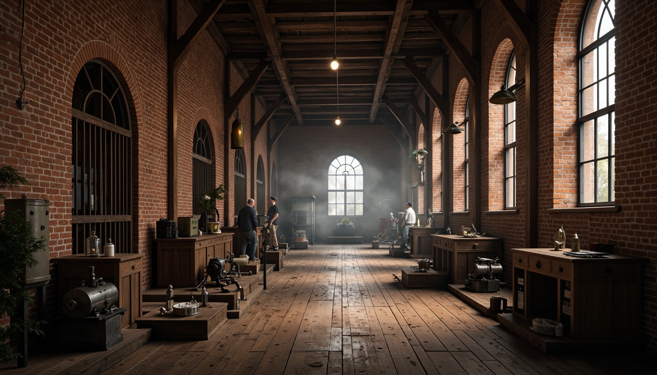 Prompt: Rustic warehouse interior, exposed brick walls, dark wood accents, metal beams, Gothic arches, industrial chic decor, vintage machinery, distressed wooden floors, Edison bulbs, warm dim lighting, atmospheric fog effect, shallow depth of field, 1/2 composition, cinematic mood, realistic textures, ambient occlusion.