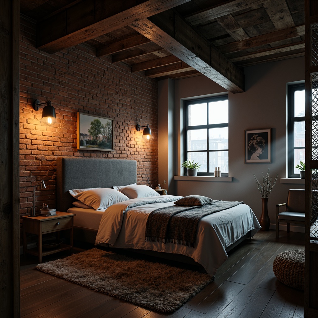 Prompt: Industrial-chic bedroom, exposed brick walls, metal beams, reclaimed wood accents, minimalist decor, urban loft atmosphere, warm ambient lighting, pendant lamps, Edison bulbs, metallic shades, rustic sconces, dimmable LED strips, cozy reading nook, softbox lighting, moody shadows, cinematic ambiance, 1/2 composition, low-key lighting, atmospheric fog, mysterious darkness, dramatic contrast.