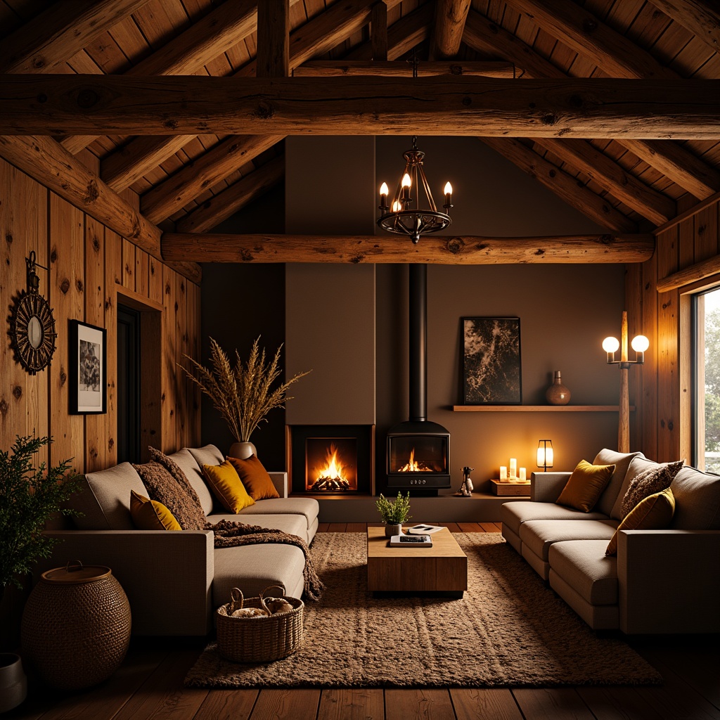 Prompt: Rustic wooden cabin, warm candlelight, soft lanterns, vintage metal chandeliers, distressed wood accents, earthy color palette, natural stone walls, cozy fireplace, plush textiles, woven baskets, ambient shadows, warm golden lighting, subtle sparkles, 1/2 composition, shallow depth of field, realistic textures, atmospheric rendering.