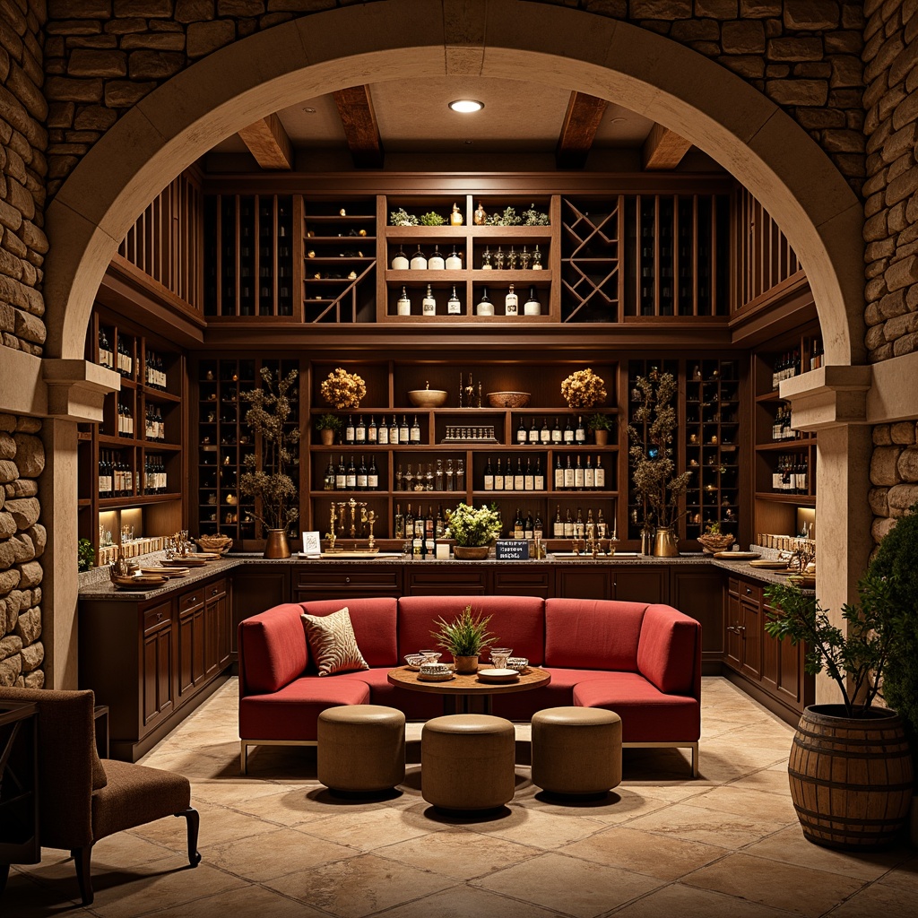 Prompt: Luxurious wine cellar, rich wood tones, warm earthy colors, deep reds, velvety blacks, golden accents, soft dim lighting, atmospheric ambiance, rustic stone walls, wooden barrels, elegant metalwork, sophisticated shelving, refined glassware, intimate seating areas, dramatic archways, ornate details, lavish furnishings, cozy corners, subtle textures, warm beige backgrounds, earthy brown hues, sophisticated color harmony, 1/2 composition, low-key lighting, realistic reflections.