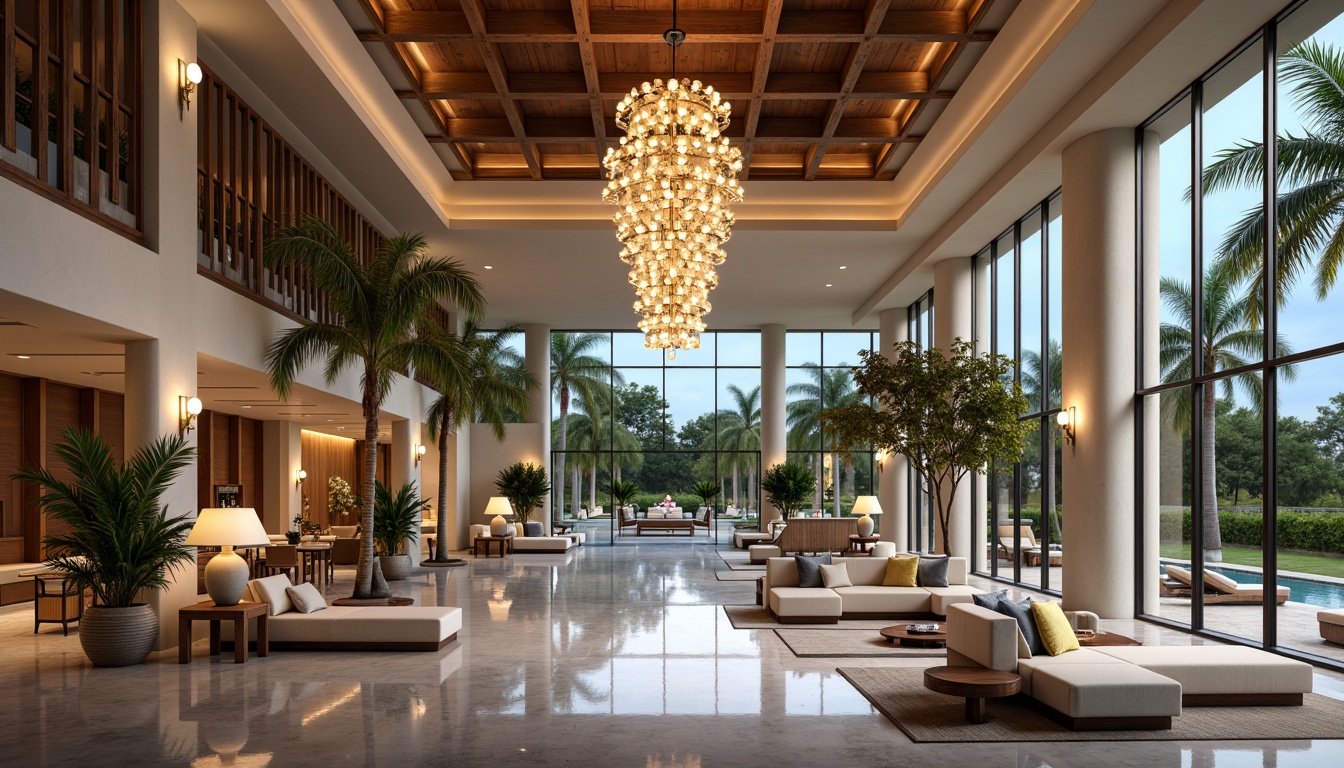 Prompt: Luxurious hotel lobby, high ceilings, marble floors, grand chandeliers, elegant furnishings, spacious lounge areas, floor-to-ceiling windows, natural stone walls, lavish greenery, tropical plants, water features, infinity pools, outdoor seating areas, ambient lighting, warm color tones, modern minimalist design, sleek lines, luxurious textiles, vibrant accent colors, 3/4 composition, shallow depth of field, panoramic view, realistic textures, soft warm lighting.