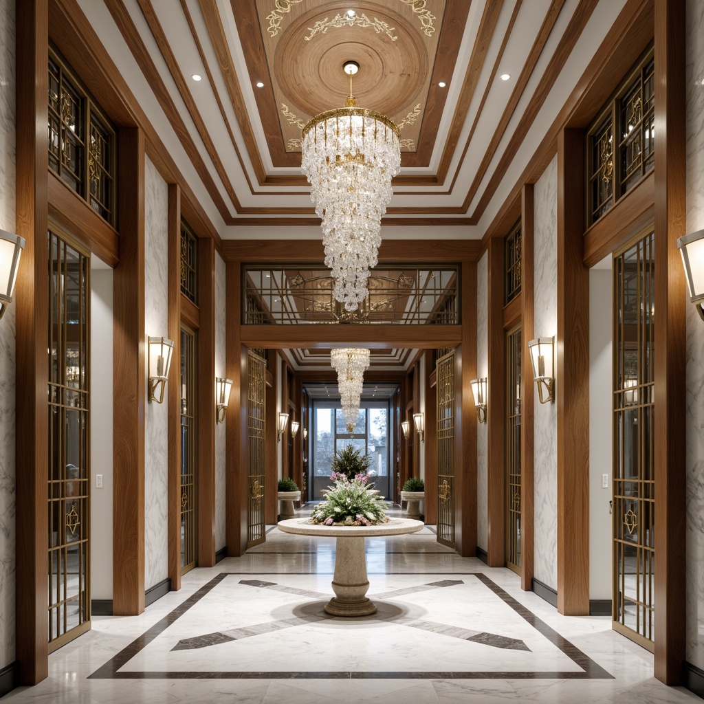 Prompt: Grand entrance, luxurious marble floors, ornate metalwork, elegant wooden doors, crystal chandeliers, sophisticated neutral tones, rich wood grain textures, metallic accents, subtle patterns, natural stone walls, refined modern architecture, warm inviting lighting, shallow depth of field, 1/1 composition, realistic reflections.