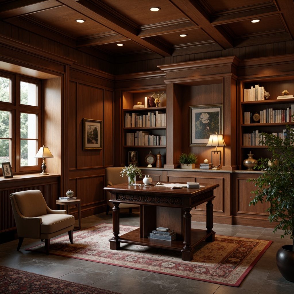 Prompt: Warm traditional home office, wooden desk with ornate carvings, comfortable leather chair, rich wood paneling, classic bookshelves, vintage metal lamps, earthy color palette, natural stone flooring, plush area rug, soft warm lighting, subtle shadows, shallow depth of field, 1/2 composition, realistic textures, ambient occlusion.