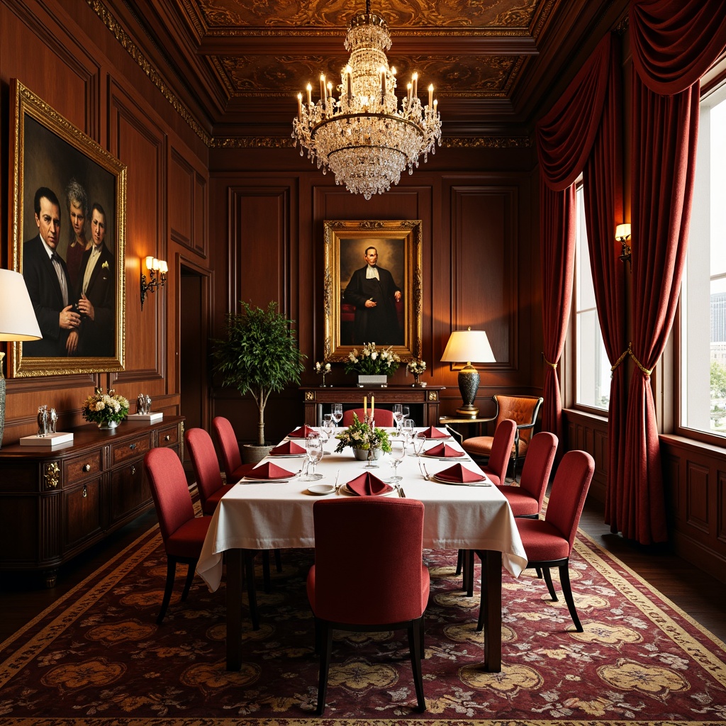 Prompt: Opulent traditional dining room, rich wood tones, ornate furnishings, luxurious velvet fabrics, crystal chandeliers, intricate carvings, gilded frames, classic oil paintings, lavish drapery, heavy curtains, elegant table settings, fine china, sparkling glassware, soft warm lighting, shallow depth of field, 3/4 composition, realistic textures, ambient occlusion.