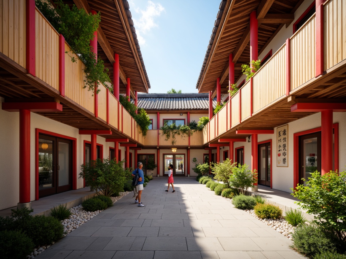 Prompt: Vibrant Asian-inspired middle school, wooden accents, traditional Japanese shoji screens, natural bamboo walls, bold red columns, intricate pagoda-style rooflines, lush greenery, hanging plants, cultural symbols, educational murals, colorful lanterns, warm soft lighting, shallow depth of field, 1/2 composition, realistic textures, ambient occlusion.