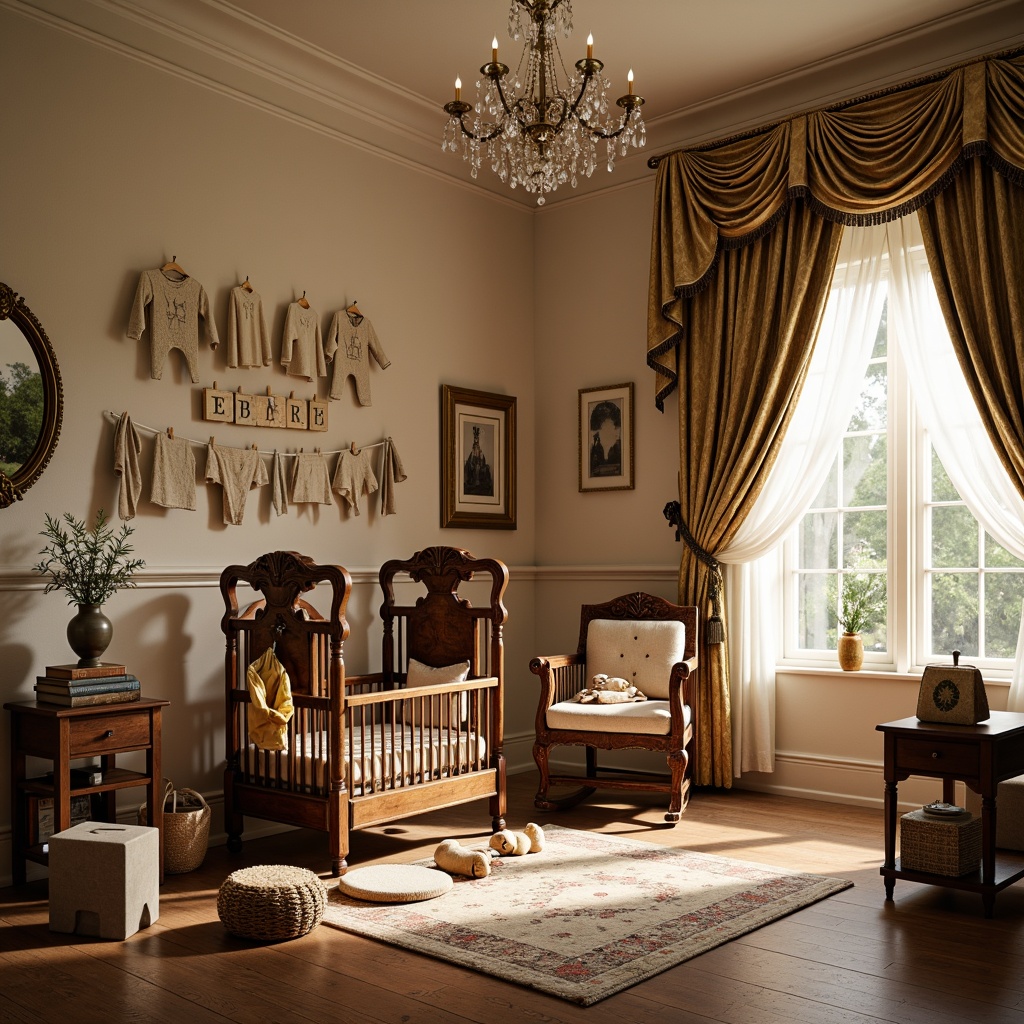 Prompt: Renaissance-inspired baby room, ornate wooden crib, intricately carved rocking chair, plush velvet upholstery, golden accents, soft cream walls, warm beige flooring, richly textured tapestries, delicate lace curtains, vintage-style baby clothes, antique toys, classic children's books, elegant crystal chandelier, subtle warm lighting, shallow depth of field, 1/1 composition, realistic wood textures, ambient occlusion.