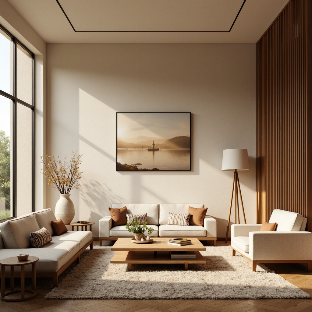 Prompt: Cozy living room, warm beige walls, soft cream furniture, rich wood accents, plush area rugs, calming natural light, comfortable seating arrangements, elegant floor lamps, modern minimalist decor, subtle texture contrasts, warm golden lighting, 1/1 composition, realistic renderings, ambient occlusion.