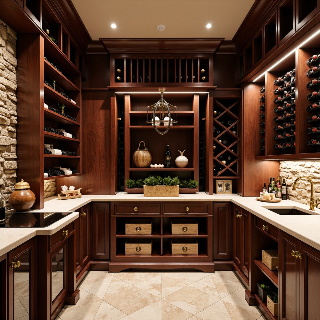 Prompt: Luxurious wine cellar, rich wood tones, dark walnut cabinets, earthy stone walls, dim warm lighting, sophisticated color scheme, burgundy red accents, golden metallic fixtures, soft cream-colored countertops, elegant glass racks, refined wooden crates, intimate ambiance, rustic charm, Old World-inspired decor, vintage wine barrels, ornate metalwork, subtle nuances of brown, beige and taupe.