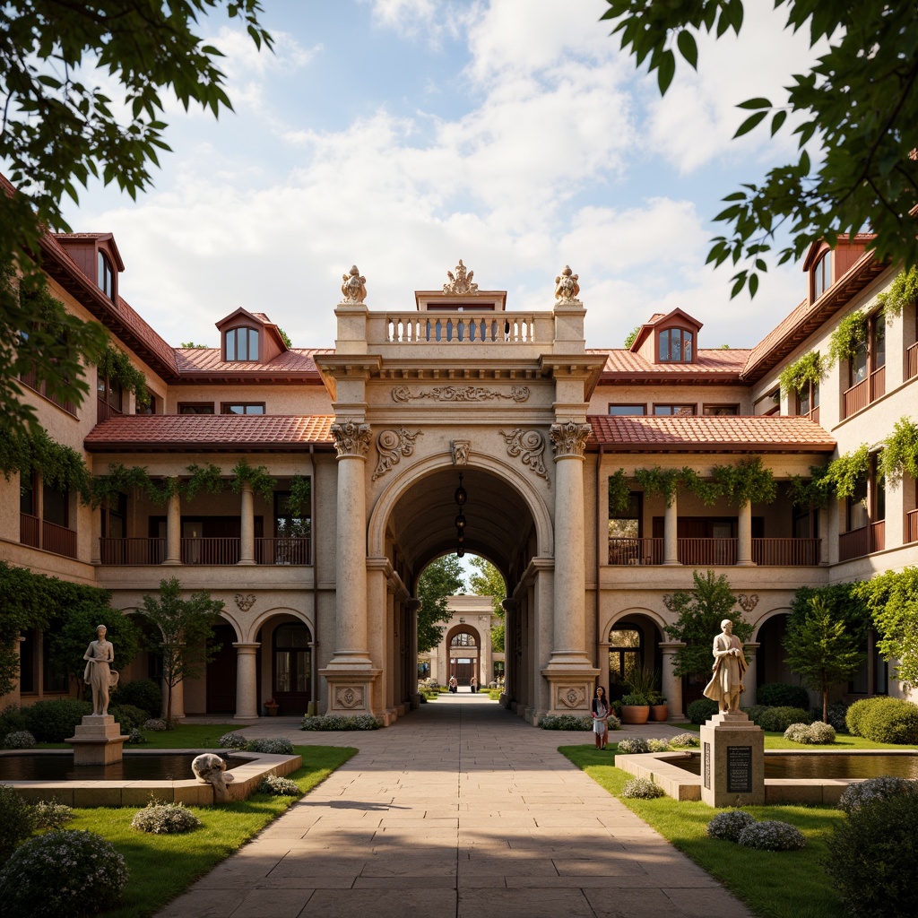 Prompt: Renaissance-style campus, grandiose entrance gates, ornate stone carvings, classical columns, symmetrical facades, red-tiled roofs, dormer windows, rustic brick walls, ivy-covered buildings, manicured lawns, meandering pathways, ornamental fountains, statues of scholars, vintage lanterns, warm golden lighting, shallow depth of field, 1/1 composition, realistic textures, ambient occlusion.