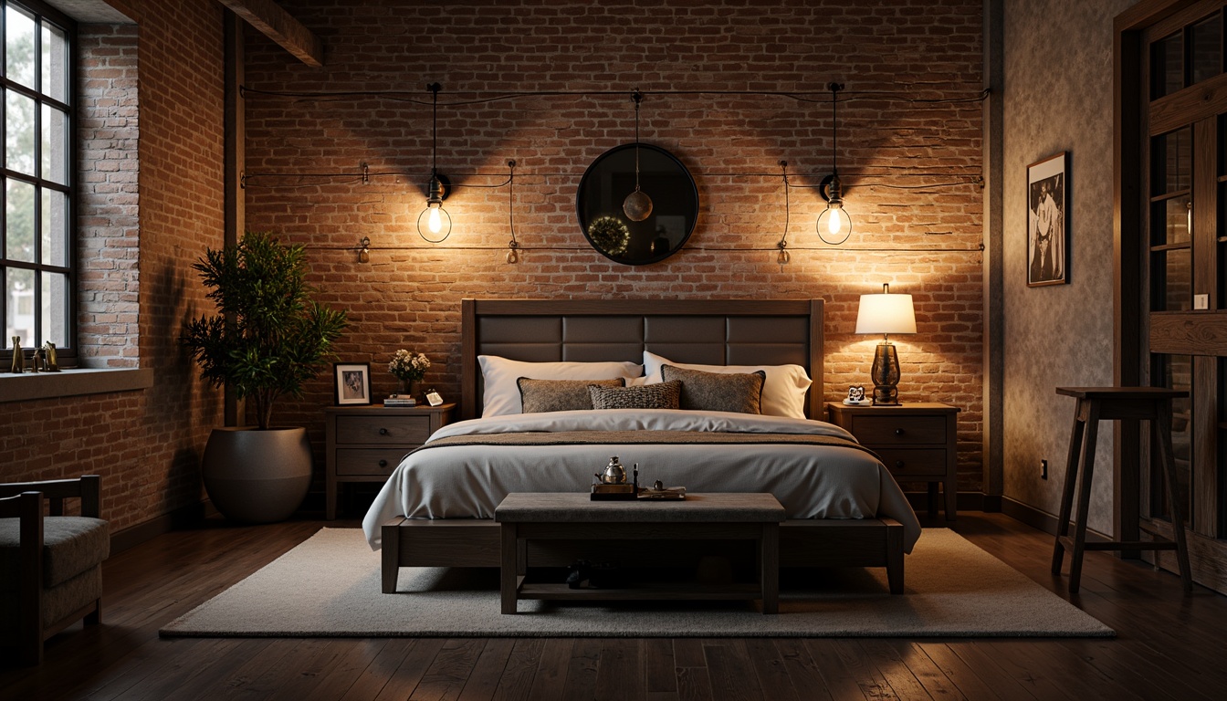 Prompt: Industrial chic bedroom, exposed brick walls, metal accents, reclaimed wood furniture, distressed finishes, urban loft atmosphere, warm ambient lighting, table lamps with metal shades, floor lamps with Edison bulbs, string lights with industrial sockets, softbox lighting, high-contrast shading, dramatic spotlighting, atmospheric fog effects, low-key mysterious mood, cinematic color grading, realistic textures, 3/4 composition, shallow depth of field.