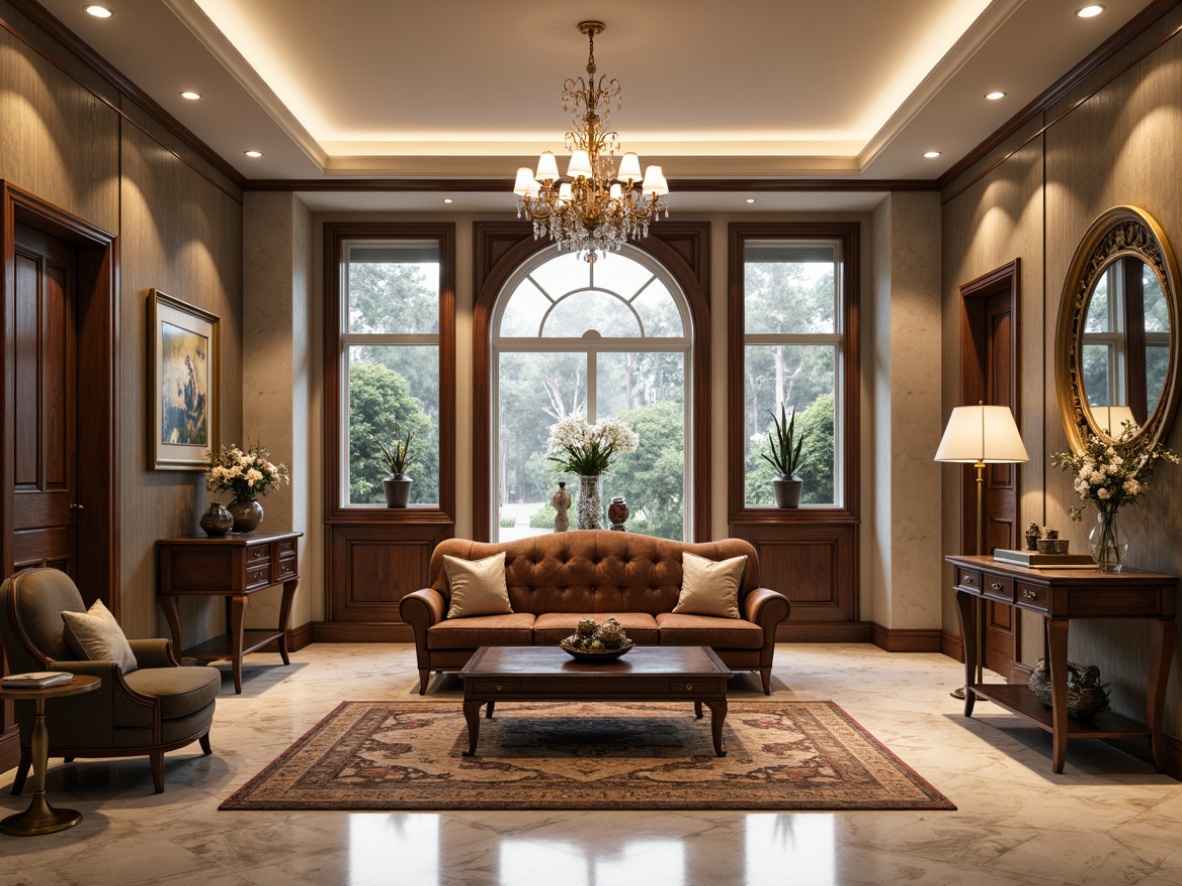 Prompt: Elegant entrance hall, grand chandelier, polished marble floor, luxurious velvet sofa, ornate wooden console table, antique decorative mirrors, richly patterned rugs, sophisticated accent chairs, refined metal accents, soft warm lighting, 3/4 composition, realistic textures, ambient occlusion.