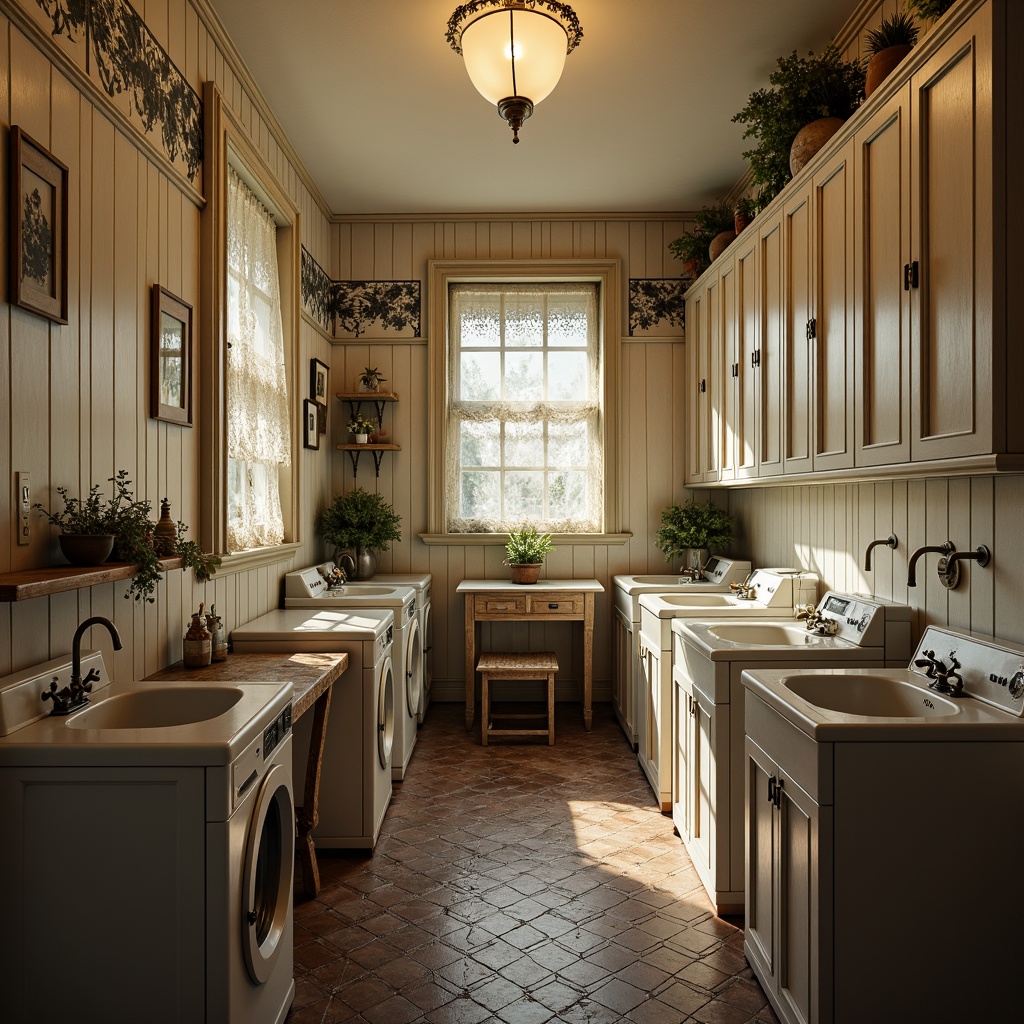 Prompt: \Vintage laundry room, ornate ironwork, distressed wooden cabinets, porcelain sinks, antique washing machines, soft warm lighting, creamy white walls, rich wood tones, intricate moldings, floral patterns, delicate lace curtains, brass fixtures, nostalgic ambiance, cozy atmosphere, shallow depth of field, 1/1 composition, realistic textures, ambient occlusion.\Please let me know if this meets your requirements or if I need to make any adjustments!