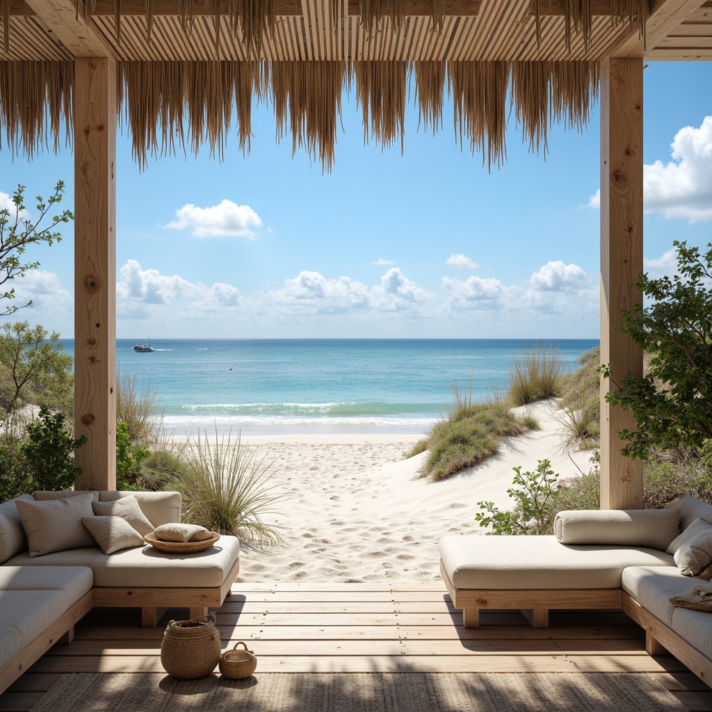 Prompt: Soft sandy beaches, gentle ocean waves, clear blue skies, driftwood accents, nautical ropes, vintage lighthouses, sea-salt air, calming atmosphere, weathered wood textures, distressed finishes, beachy vibe, natural fabrics, woven baskets, jute rugs, ocean-inspired hues, soothing blues, whites, and sandy neutrals, warm sunny lighting, shallow depth of field, 1/1 composition, realistic renderings, ambient occlusion.