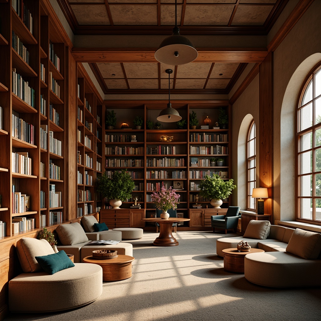 Prompt: Cozy library atmosphere, warm wooden shelves, rich leather-bound books, comfortable reading nooks, soft warm lighting, earthy tones, muted colors, beige walls, dark wood accents, vintage metal lanterns, plush carpeting, natural stone flooring, floor-to-ceiling bookcases, circular tables, ergonomic chairs, minimalist decor, calm ambiance, morning light, shallow depth of field, 2/3 composition, realistic textures, ambient occlusion.