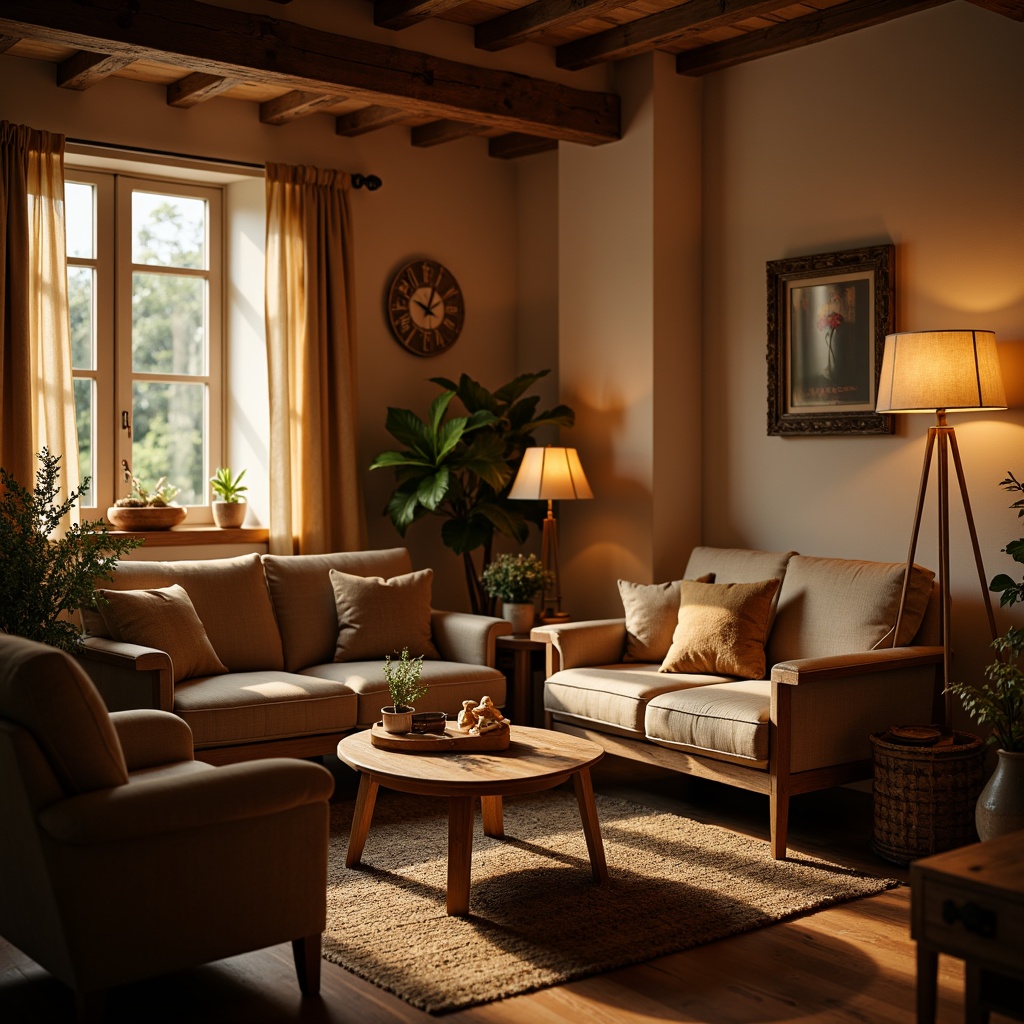 Prompt: Cozy living room, warm golden lighting, soft shadows, velvety textures, comfortable seating, rustic wooden furniture, earthy tone colors, ambient glow, table lamps, floor lamps, dimmable lights, natural daylight, sheer curtains, elegant chandeliers, modern minimalist fixtures, subtle color temperature changes, 1/1 composition, shallow depth of field, warm color palette, soft focus effect.