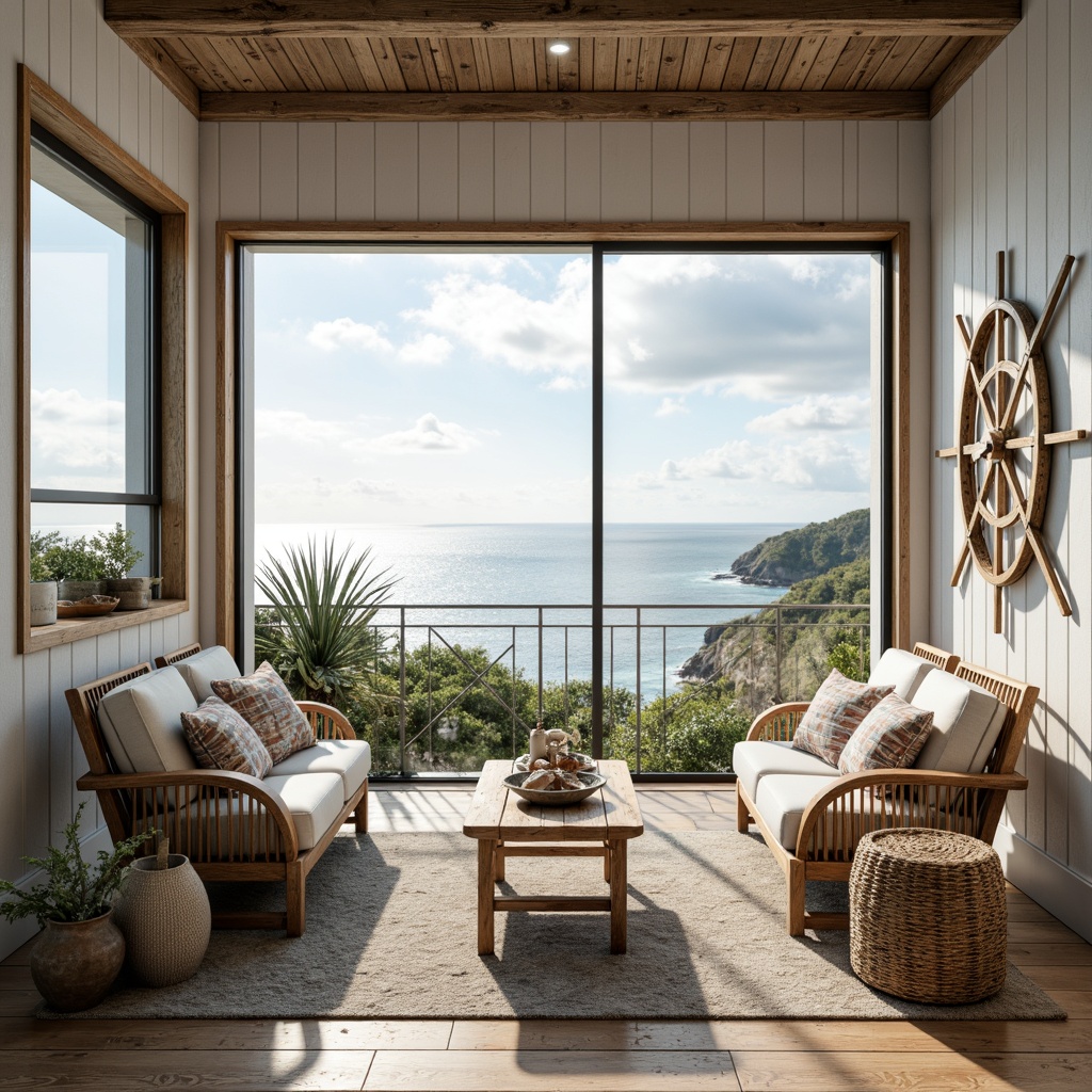 Prompt: Serene ocean views, driftwood furniture, sea salt air, coral-inspired accents, beachy color palette, natural textiles, woven rattan chairs, nautical ropes, vintage navigation instruments, distressed wood flooring, white shiplap walls, large windows, sliding glass doors, coastal botanicals, sunny day, soft warm lighting, shallow depth of field, 3/4 composition, panoramic view, realistic textures, ambient occlusion.