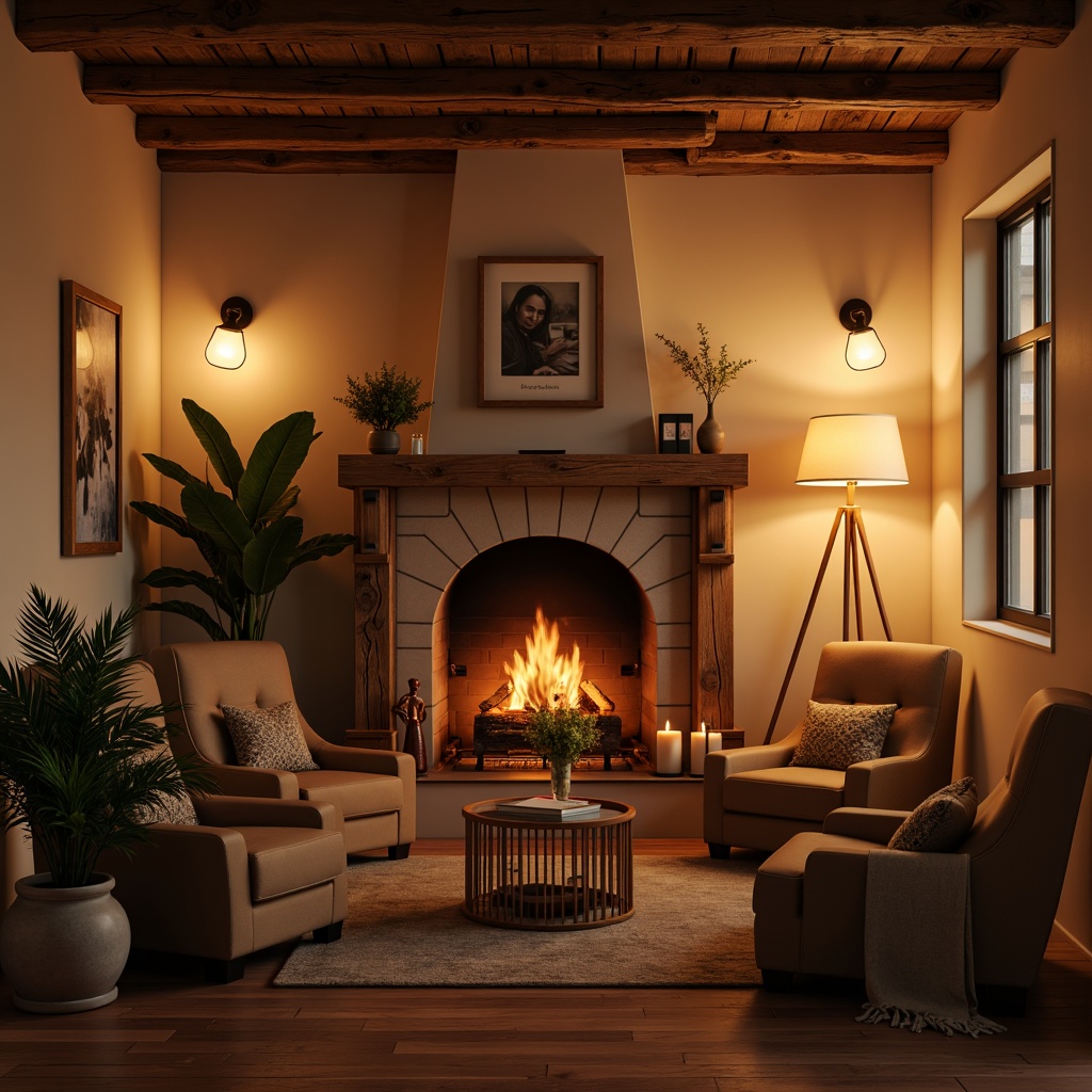 Prompt: Warm ambient lighting, soft glowing lamps, rustic wooden fixtures, vintage metal shades, dimmable LED strips, cozy reading nooks, plush armchairs, warm beige walls, natural stone fireplaces, crackling wood flames, scented candles, essential oil diffusers, relaxing color schemes, calming pastel hues, gentle morning light, warm golden hour, softbox window filters, 1/2 composition, intimate close-ups, realistic renderings, ambient occlusion.