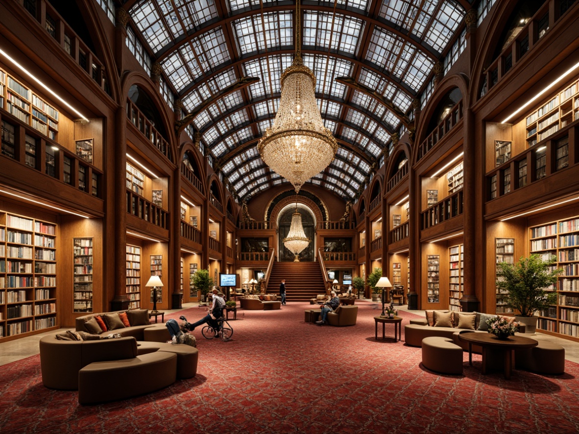 Prompt: Luxurious bookstore, ornate metalwork, geometric patterns, rich wood tones, velvet drapes, crystal chandeliers, elegant staircases, curved lines, metallic accents, vibrant color schemes, opulent furnishings, lavish decorations, sophisticated ambiance, warm golden lighting, shallow depth of field, 1/2 composition, symmetrical framing, realistic textures, ambient occlusion.