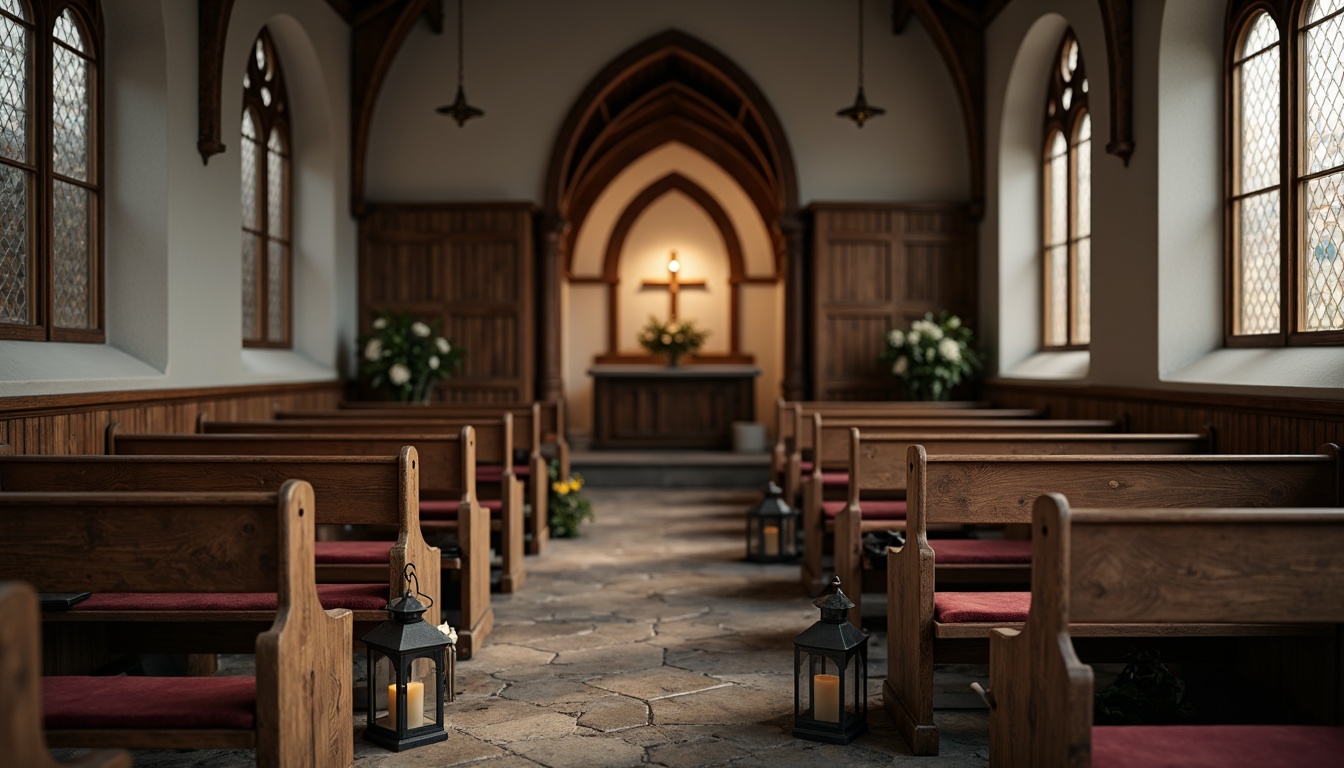 Prompt: Distressed wooden pews, vintage metal lanterns, worn stone flooring, ornate Gothic arches, stained glass windows, rustic wooden crosses, faded velvet upholstery, antique bronze door handles, distressed leather-bound Bibles, soft warm candlelight, shallow depth of field, 3/4 composition, natural textures, ambient occlusion, serene atmosphere, peaceful ambiance.Please let me know if this meets your requirements or if I need to make any adjustments!