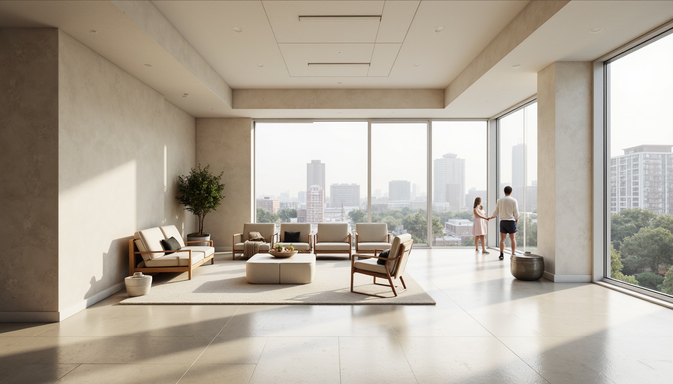 Prompt: Monochromatic interior, soft beige walls, creamy white floors, minimalist decor, sparse furniture, sleek lines, industrial metal accents, subtle texture contrasts, natural light pouring in, large windows, sliding glass doors, urban cityscape views, overcast sky, softbox lighting, shallow depth of field, 2/3 composition, realistic render, ambient occlusion.