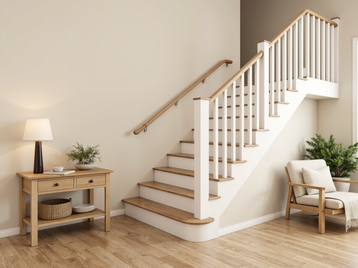 Prompt: Bright Nordic staircase, minimalistic handrail design, light wood tones, soft creamy whites, warm beige walls, natural textiles, subtle Nordic patterns, warm cozy ambiance, table lamps, floor lamps, pendant lights, soft diffused lighting, 1/2 composition, shallow depth of field, realistic wood textures, ambient occlusion.Please let me know if this meets your expectations!