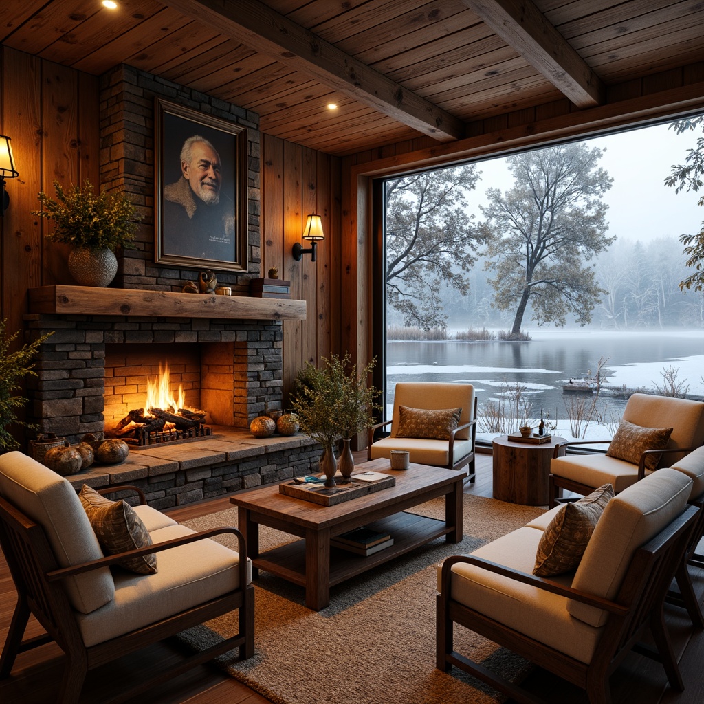 Prompt: Warm rustic cabin, crackling fireplace, stone hearth, wooden mantel, plush armchairs, soft cushions, woven blankets, warm golden lighting, rich wood tones, comfortable seating area, nature-inspired decor, snow-covered trees, frozen lake, serene winter landscape, misty morning fog, peaceful atmosphere, shallow depth of field, 1/1 composition, realistic textures, ambient occlusion.