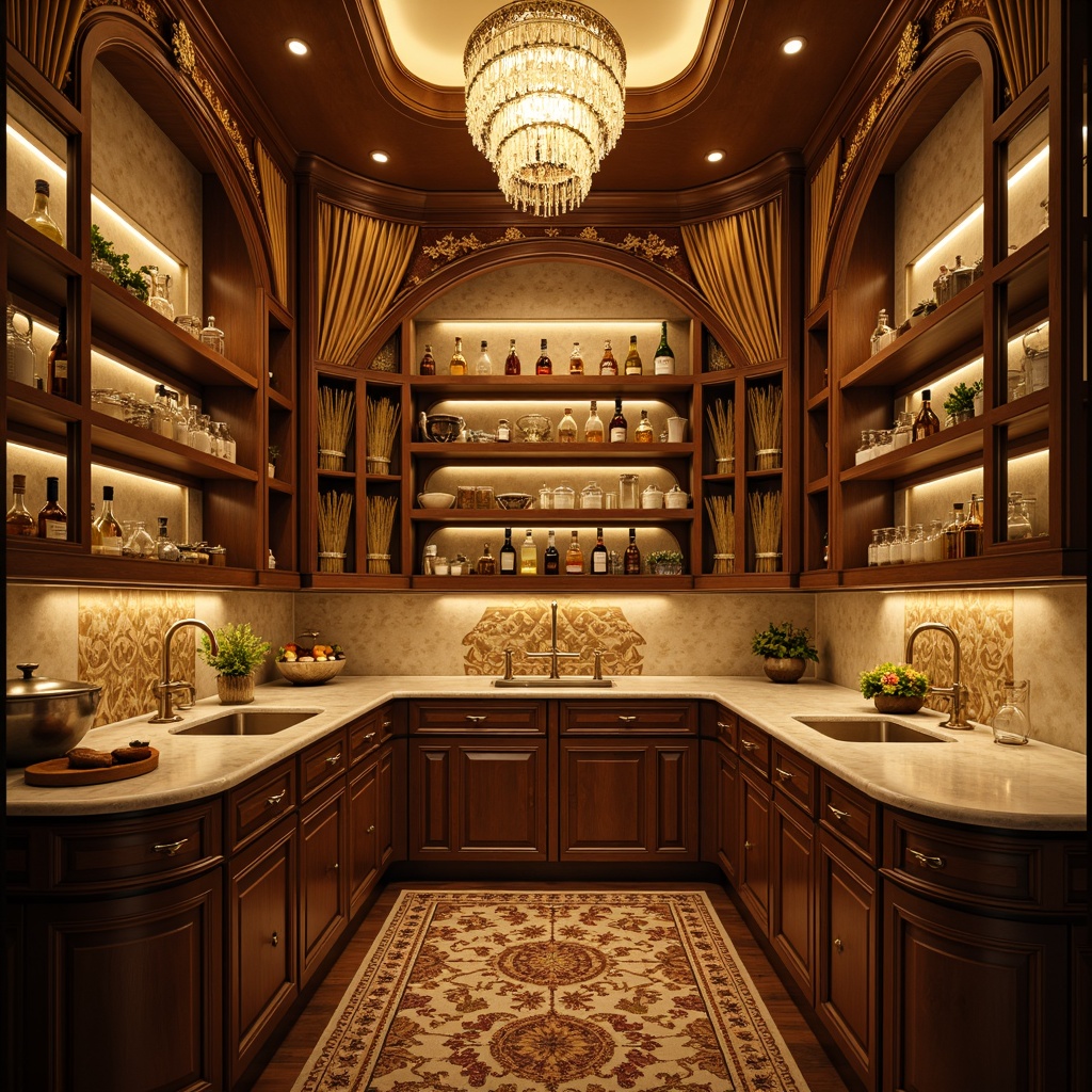 Prompt: Ornate pantry, soft golden lighting, delicate crystal chandeliers, warm beige tones, intricate wood carvings, curved cabinetry, ornamental metalwork, lavish decorative accents, luxurious velvet drapes, richly patterned rugs, elegant crown molding, subtle aromas, warm candlelight, gentle shadows, 1/2 composition, intimate atmosphere, realistic reflections, soft focus blur.