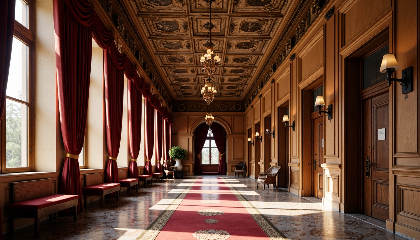 Prompt: Opulent Renaissance-style school hallways, rich wood tones, ornate plaster ceilings, grand chandeliers, intricate stone carvings, luxurious velvet drapes, regal red carpets, majestic marble floors, elegant wooden paneling, sophisticated crown molding, refined bronze fixtures, warm golden lighting, shallow depth of field, 1/1 composition, realistic textures, ambient occlusion.