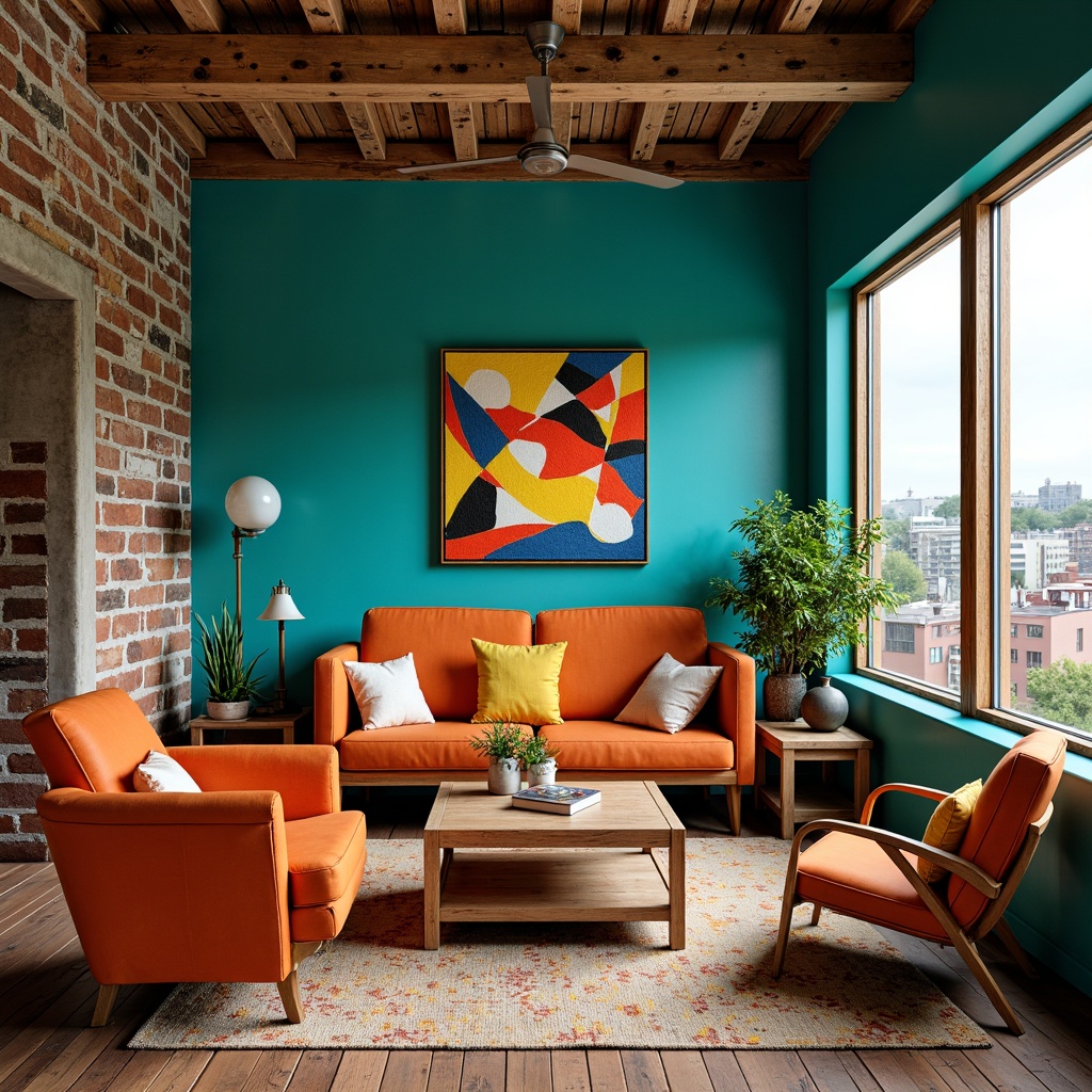 Prompt: Vibrant apartment interior, eclectic expressionism style, bold color palette, turquoise accent walls, deep orange furniture, bright yellow decorative accents, rich wood textures, industrial metal elements, distressed finishes, abstract artwork, geometric patterns, unconventional layouts, oversized windows, natural light pouring in, warm atmospheric lighting, shallow depth of field, 1/1 composition, realistic textures, ambient occlusion.